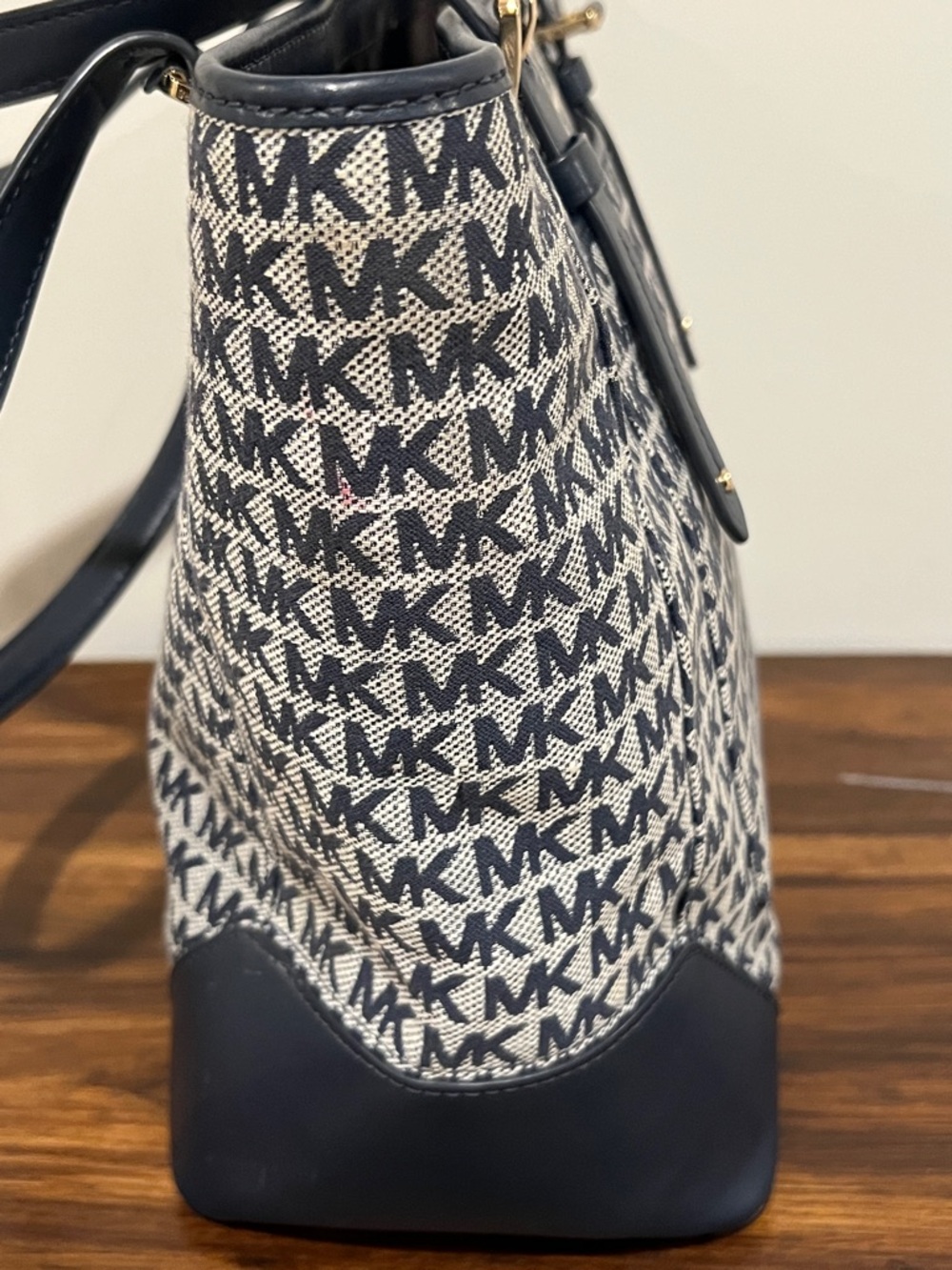 Michael Kors Aria LG Tote Bag Navy Signature MK Monogram Large Shoulder Bag - Picture 6 of 12